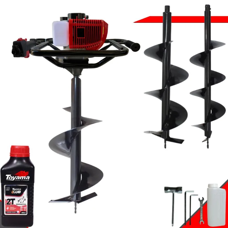 Perfurador À Gasolina Anmax Gd520b 52cc 2,2hp 7.000rpm P/ Construção Civil E Mourões Com Brocas 80x20cm, 80x25cm E 80x30cm + Extra Óleo Toyama 2t