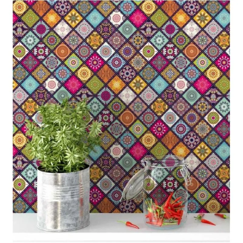 Papel de Parede Mandala no estilo azulejo multicolorida