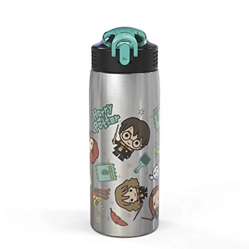 Zak Designs 27oz Harry Potter 18/8 Garrafa de água de aço inoxidável de parede única com bico de palha flip-up e tampa de bico de bloqueio, copo durável para esportes ou viagens (27oz, Harry Potter)
