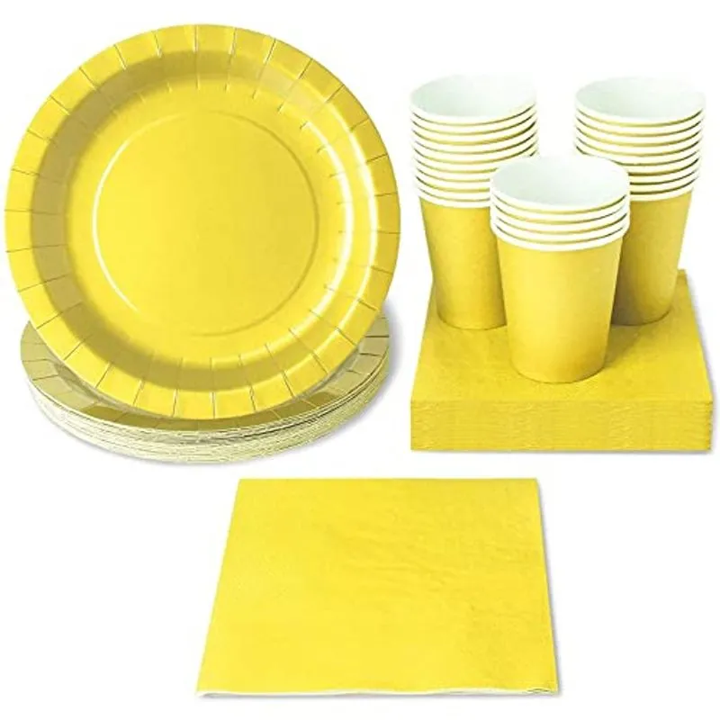 Suprimentos De Festa Amarela, Pratos De Papel, Copos E Guardanapos (serve 24, 72 Peças)