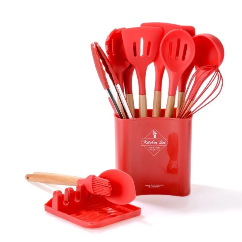 Kit Utensílios de Cozinha 13 Pçs Silicone Cabo de Madeira