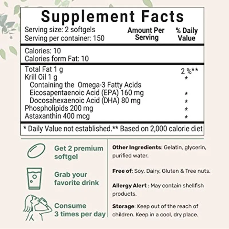 Suplemento De Óleo De Krill Antártico, 1000mg Por Porção, 300 Géis Macios, Rico Em Ômega-3s Epa, Dha &amp; Natural Astaxanhin, Suporta Sis