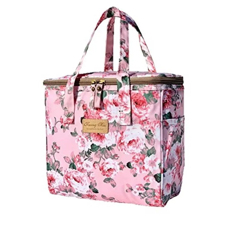 Kwang Min Floral Lancheado Para Mulheres, Caixa Bento Reutilizável, Grande Refrigerador para a Escola, Escritório, Piquenique Ao Ar Livre, Tecido à Prova d'água Premium, Presente Ideal Meninas/Adultos