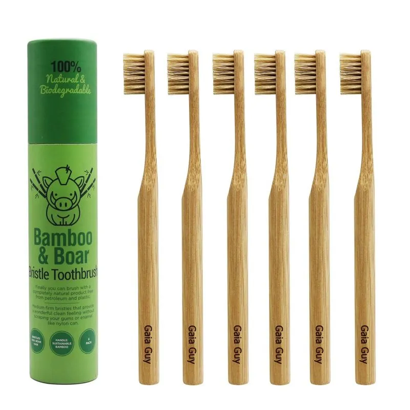 Escova de dentes Gaia Guy Bamboo Boar Bristle, pacote com 6