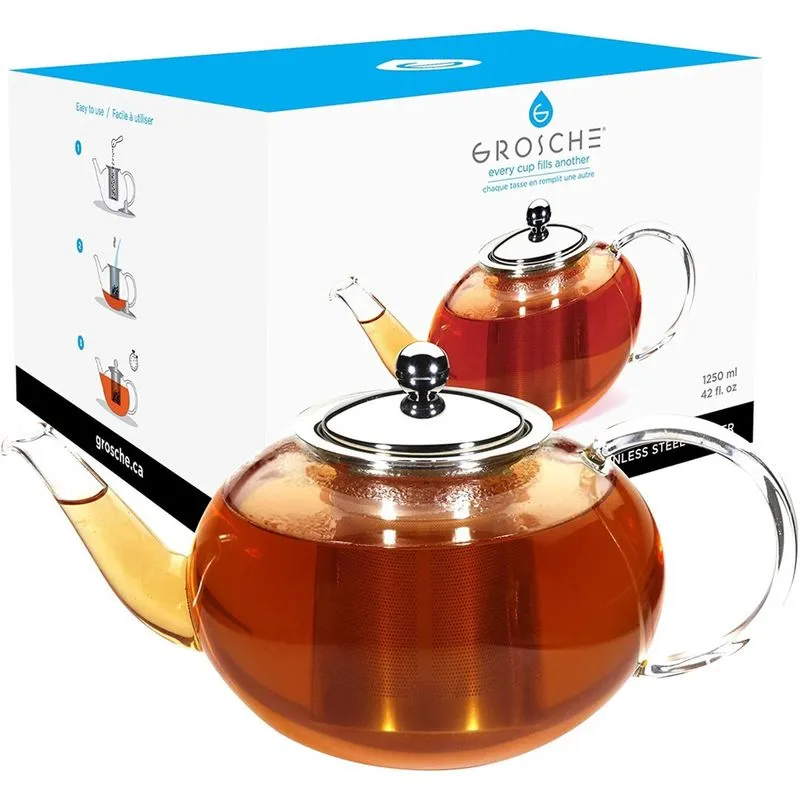 Bule de vidro grosche Joliette com chá de folha solta de aço inoxidável Infuser 1250 ml / 42 fl. oz. para chá solto ou chá florescendo