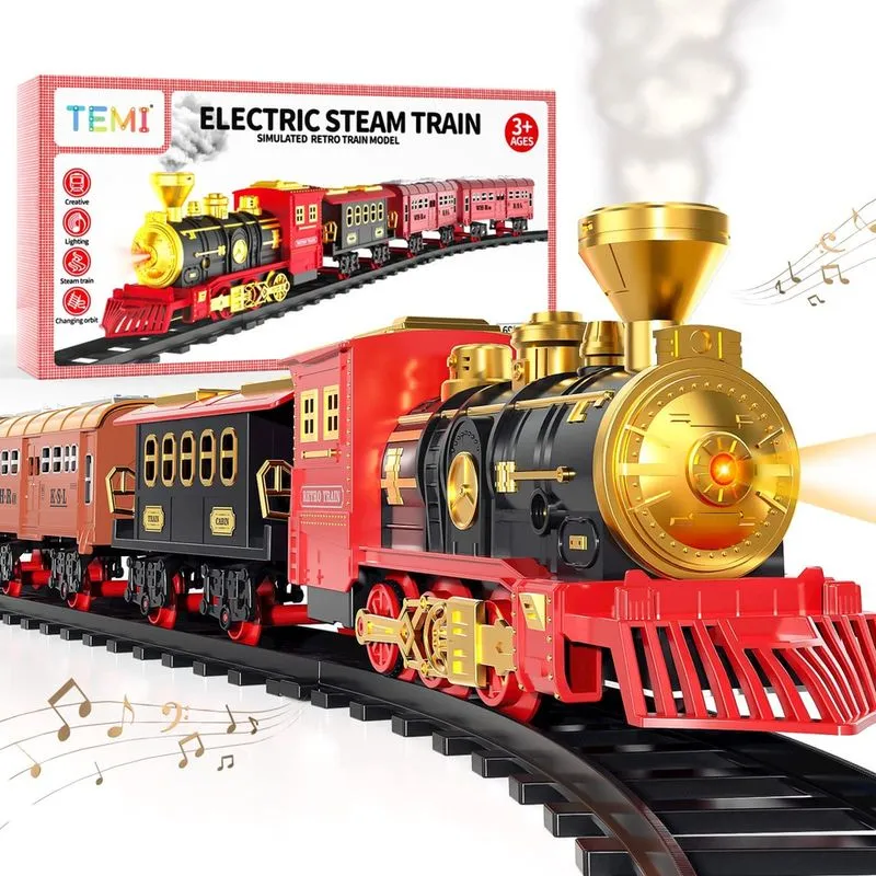 Conjunto de trem temi com motor de locomotiva a vapor para crianças de 3 a 5
