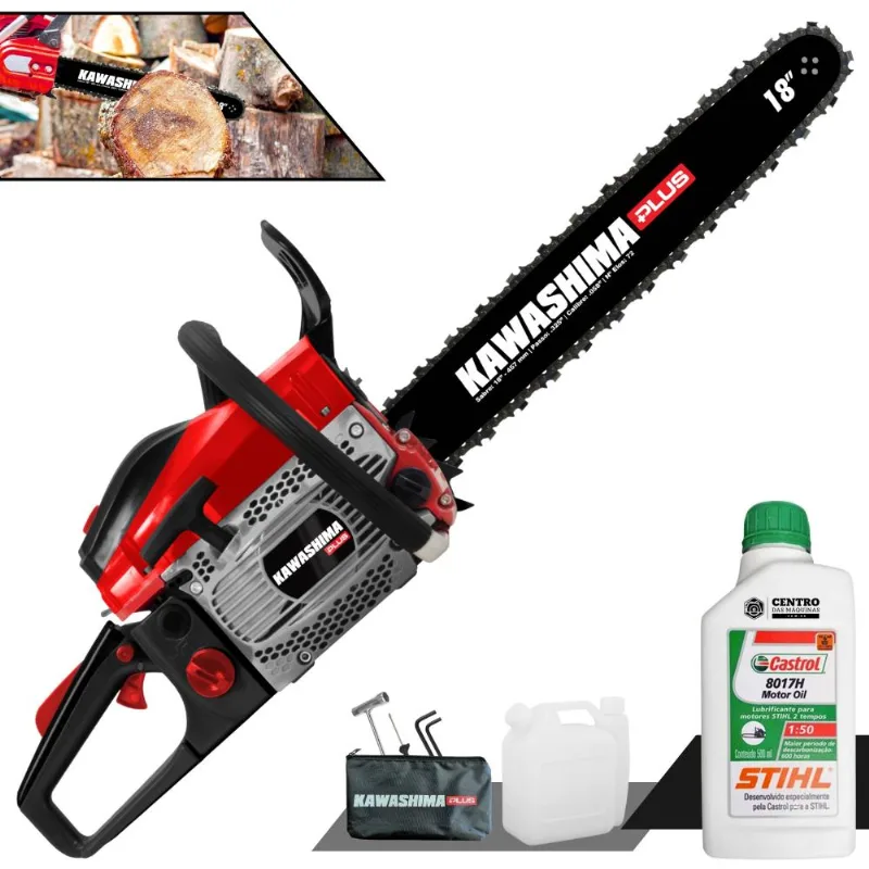 Motosserra Profissional Kawashima Kcs 550p Plus À Gasolina 2t 54,6cc Alta Potência E Rotação Ideal Para Corte De Árvores E Lenha + Óleo Stihl 2t