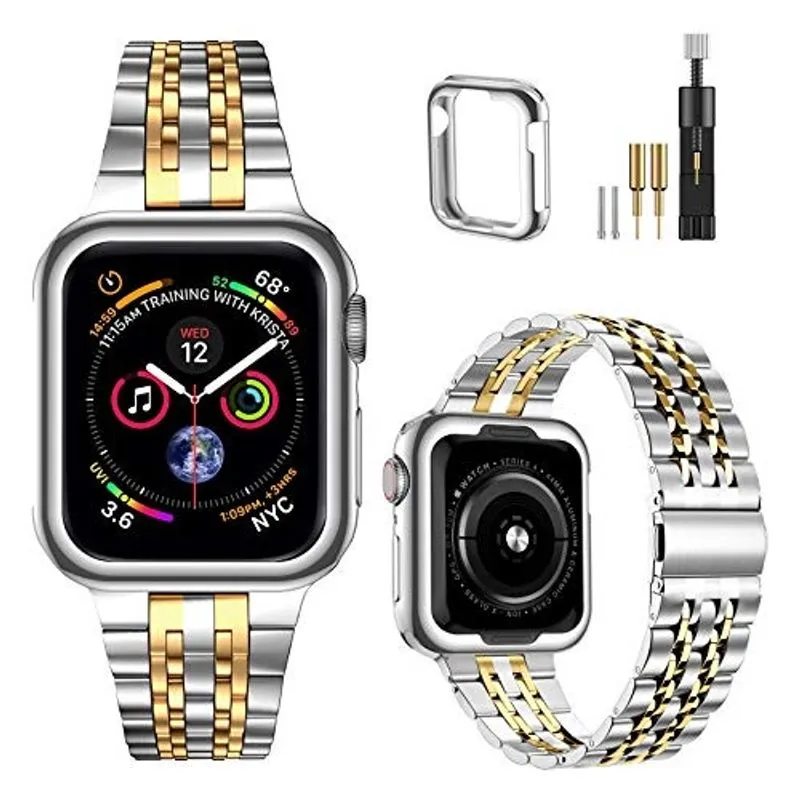 MioHHR Compatível com a pulseira do Apple Watch 42mm 44mm, correia de metal de aço inoxidável sólido para iWatch Series 6 5 4 3 2 1 se (Prata/ouro, 42/44 mmm)