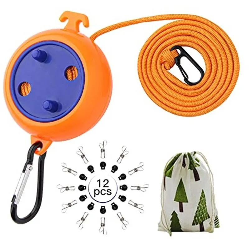 Cabo de varal de viagem portátil, caudblor linha de roupas de camping ajustáveis de 26 pés, corda de secagem de roupa para viagem de hotel, cruzeiro, exterior/interior, com rolhas de 12Pcs, clothespin