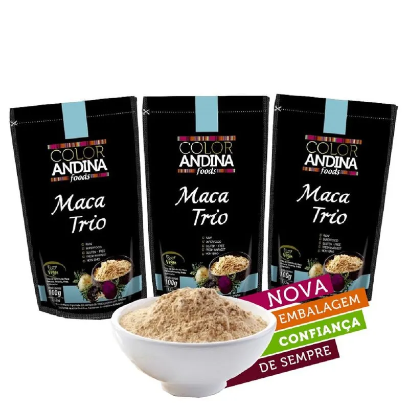 Trio de Maca Peruana (Preta, Vermelha e Amarela) Color Andina Food, 3 StandUps de 100g