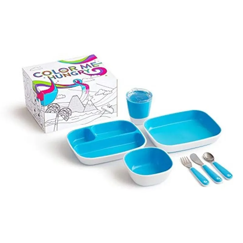 Munchkin Color Me Hungry Splash 7pc Toddler Dining Set – Placa, Tigela, Copa e Utensílios em uma caixa de presente, azul