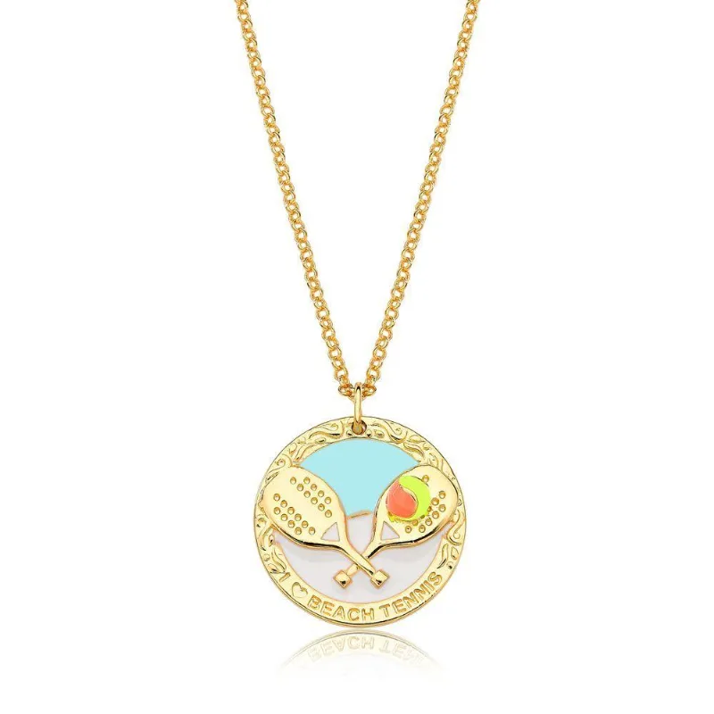 Colar Medalha Esmaltada Beach Tennis Revestido Em Ouro