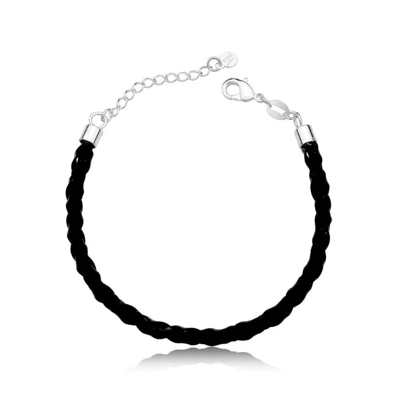 Pulseira De Couro Preto Trançado Com Ponteiras Prata