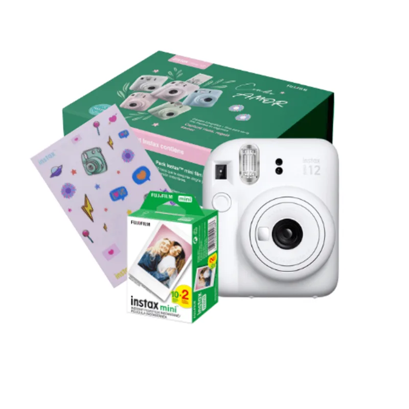 Combo Regalo: Cámara Instax Mini 12 Blanca +20 Fotos, Stickers y Packaging Exclusivo