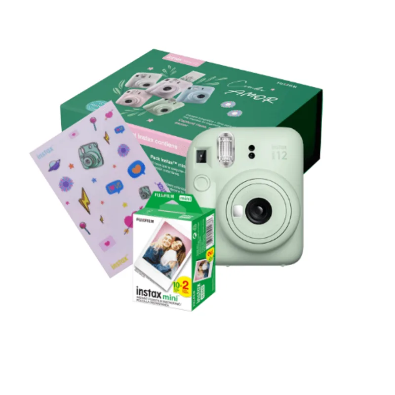 Combo Regalo: Cámara Instax Mini 12 Verde +20 Fotos, Stickers y Packaging Exclusivo