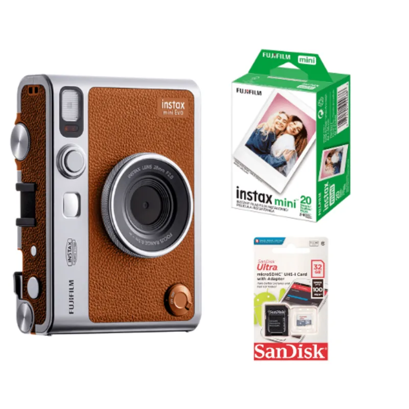 Combo Cámara Híbrida instax Mini Evo Marrón c/Mem. y Rollos