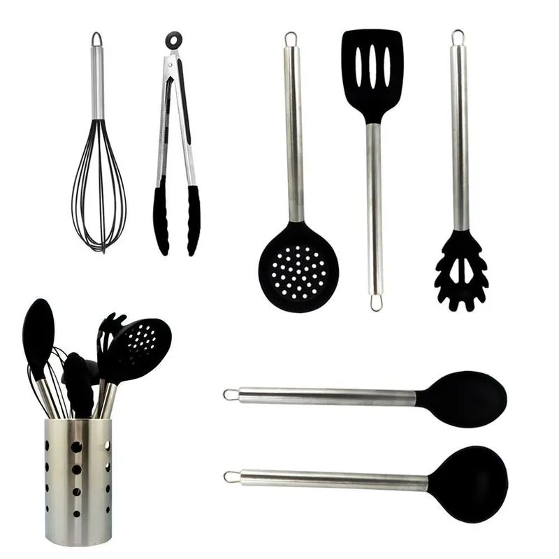 Kit Utensílios De Cozinha Silicone 8 Peças Com Suporte Preto