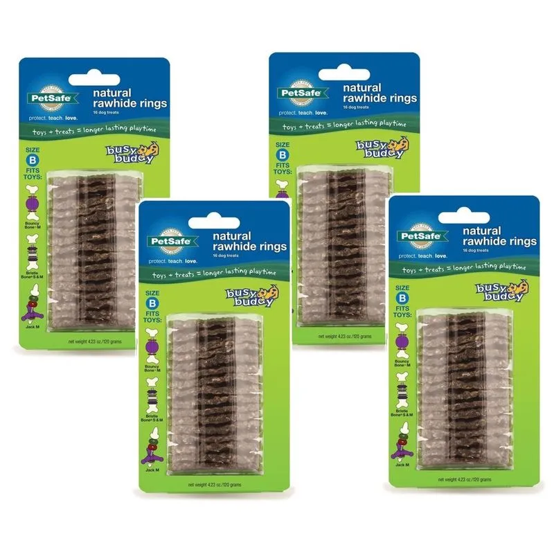 (4 Pacotes) Petsafe Busy Buddy Refill Ring Dog Treats para selecionar brinquedos de cachorro de amigo ocupado, couro cru natural, tamanho B