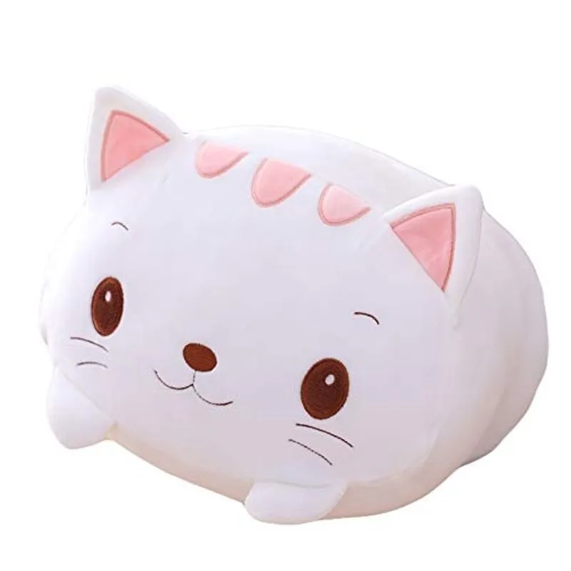 Travesseiro de pelúcia do gato, macio gato branco pelúcia animal brinquedo cilíndrico frondoso travesseiro do corpo para crianças, 23,6
