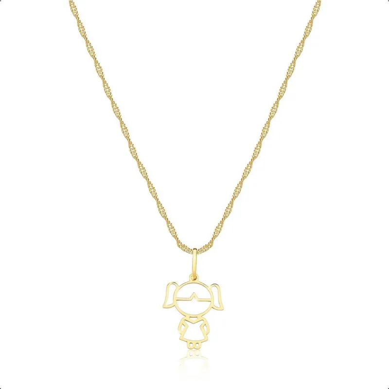 Corrente Cordão 45cm Com Pingente Menina Em Ouro 18k