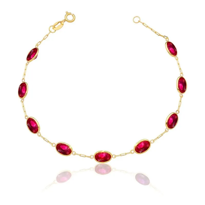 Pulseira Ouro 18k 750 Com Pedras Ovais 7mm- 18cm Vermelho Rubi