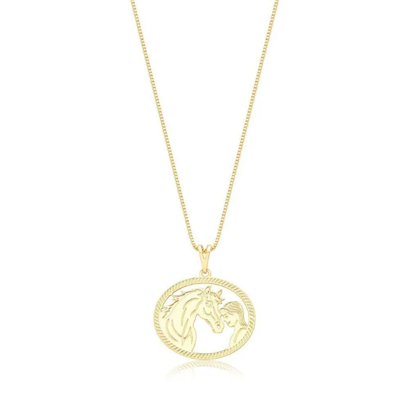 Colar VL Accessoires VLVL595 Ouro Revestido Dourado com Pingente de Menina e Cavalo Feminino