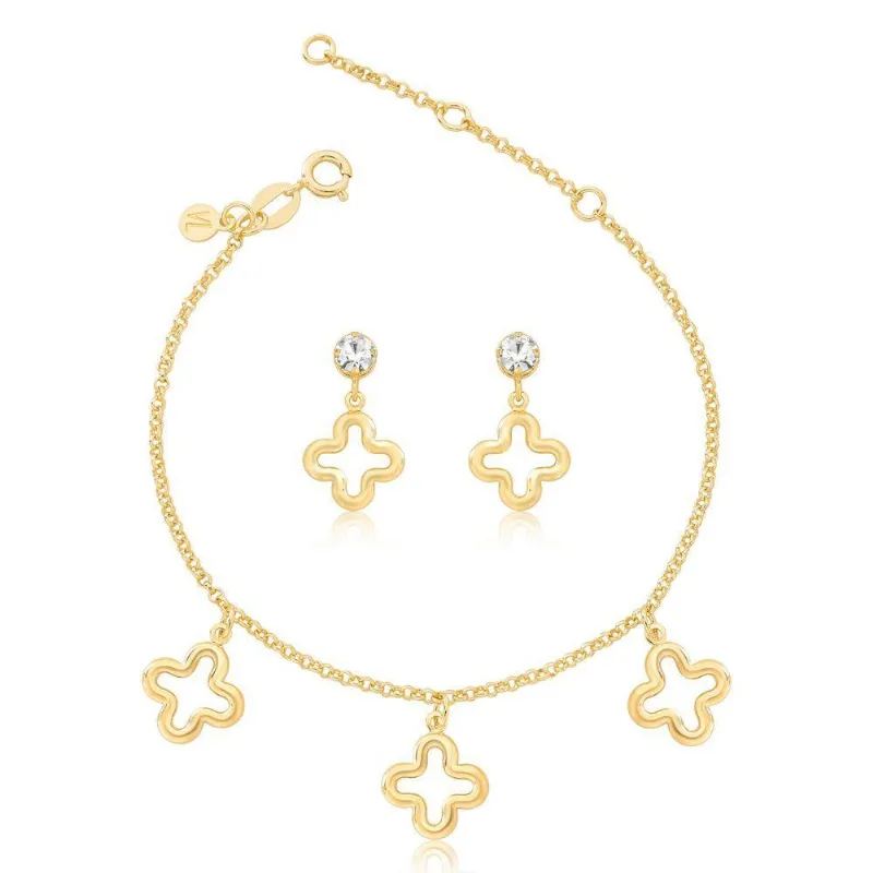 Conjunto de Brinco e Pulseira Trevo Revestido em Ouro Dourado