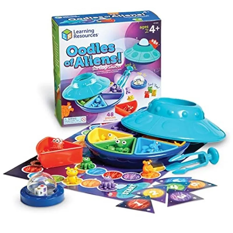 Recursos de aprendizagem Oodles of Aliens Sorting Saucer, Fine Motor Skills, Counting and Sorting Toys, Jogos Pré-Escolares, Brinquedos Educacionais, 48 Peças, Idades 4 +