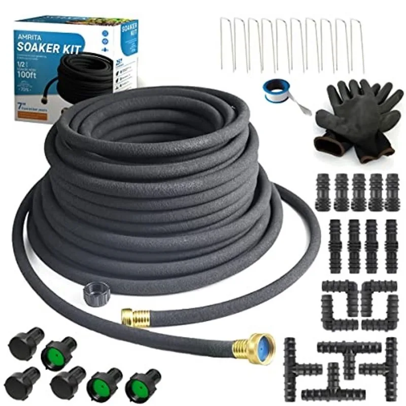 Amrita Soaker Mangueira kit, 1/2inch 100ft mangueira de jardim de borracha 70% de poupança de água, preto pesado serviço mangueira de imersão para o gramado do jardim, jardim levantou camas. (1/2-100F