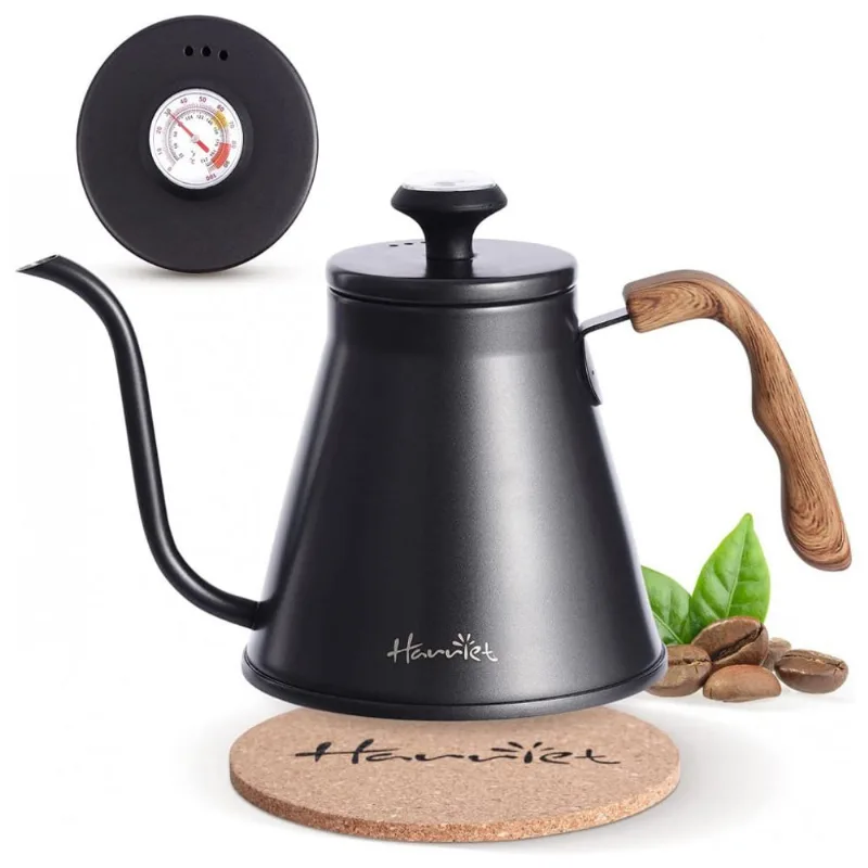 Gooseneck Chaleira de Água 1.1L com Termômetro e Cabo Anti Calor, Aço Inox, Preta