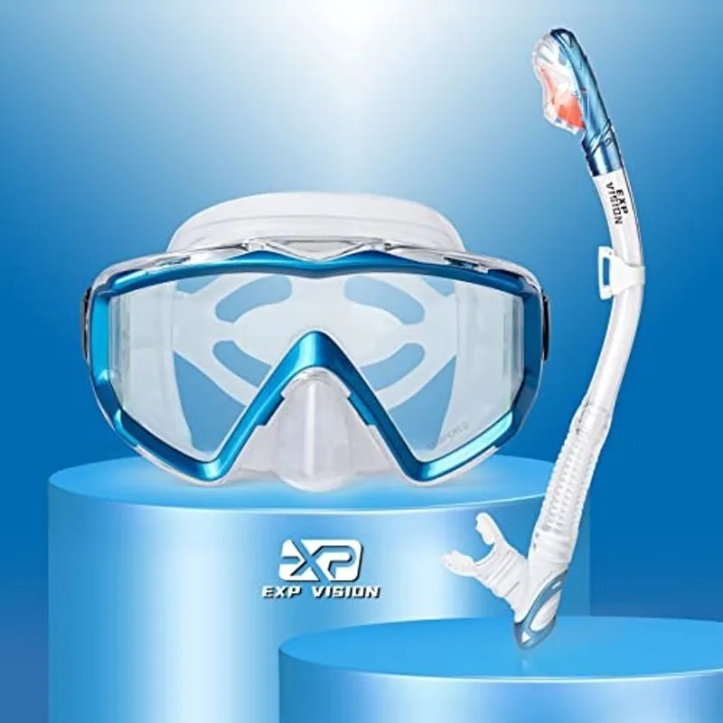 Conjunto de snorkel seco, pano 3 máscara de snorkel de janela, óculos anti-neblina de mergulho e snorkel, equipamento profissional de máscara de mergulho adulto (Azul do Lago)