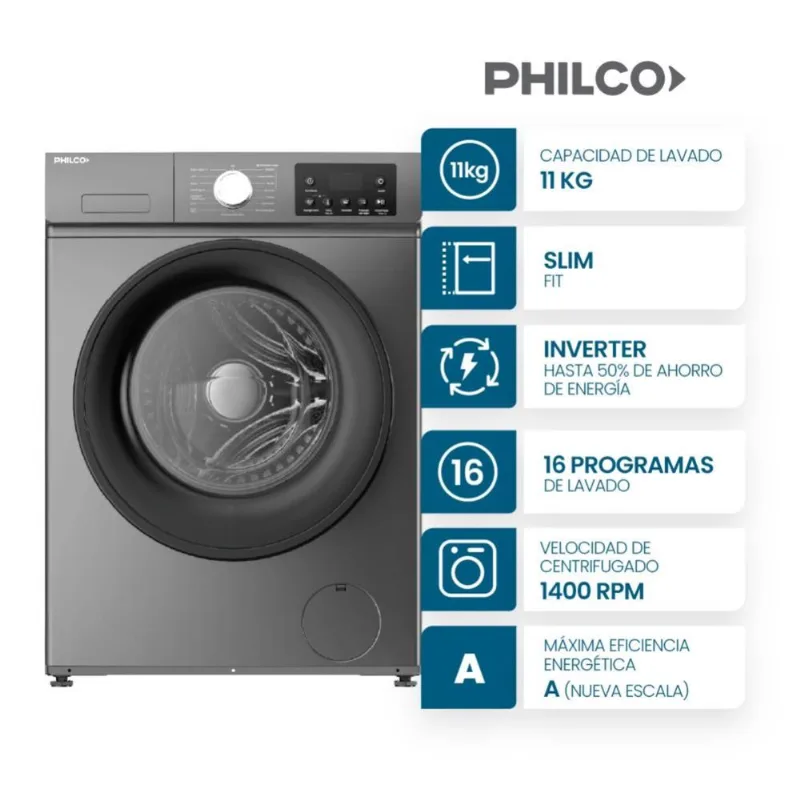 Lavarropas Philco 11 Kg Carga Frontal Inverter Grey
