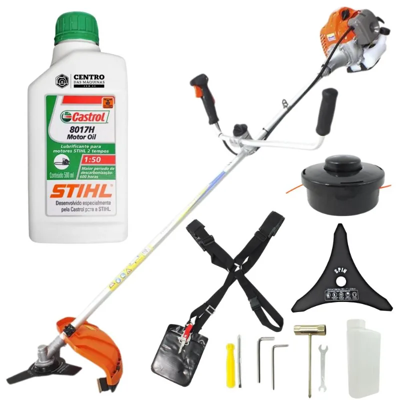 Roçadeira Profissional Vulcan Vr430p Gasolina 2t 43cc 1,7hp, Lâmina 2 Pontas, Cinto E Carretel Nylon + Óleo 2 Tempos Castrol Stihl 500ml Lubrificante