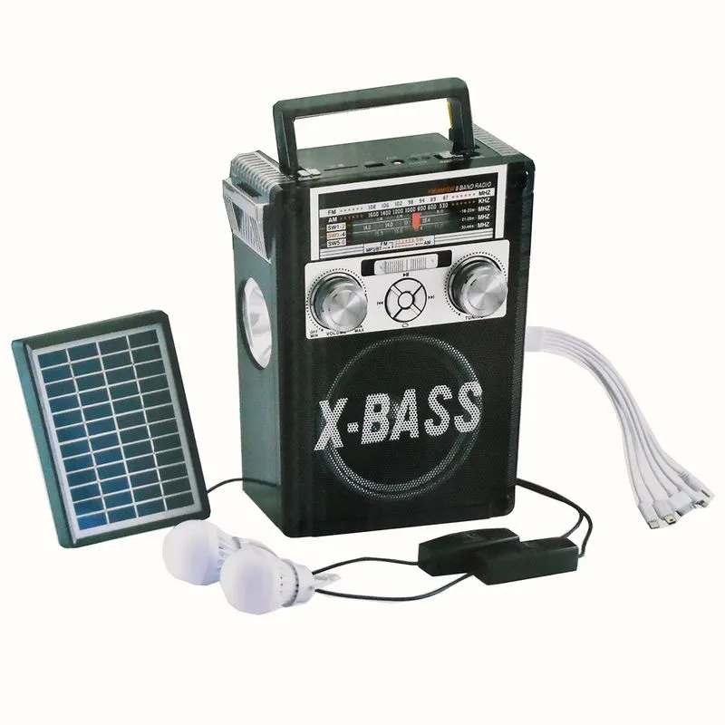 CAIXA DE SOM BLUETOOTH COM PAINEL SOLAR USB FM POWER BANK COM KIT PLACA SOLAR COM BATERIA E 2 LAMPADAS LED COM LANTERNA E CARREGADOR UNIVERSAL PARA C