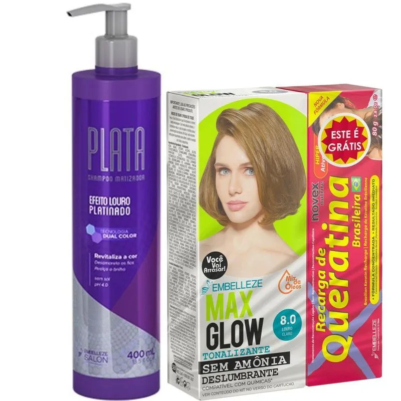 Kit Maxglow Tonal Louro Claro 8.0 E Shampoo Matizador Plata