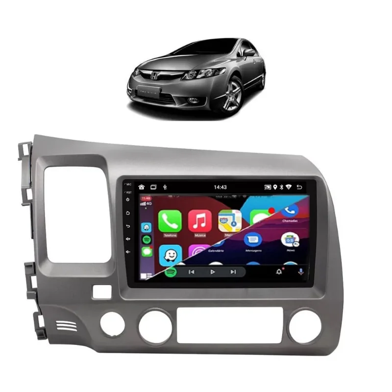 Kit Multimídia Civic G8 2006 / 2011 9 Pol CarPlay AndroidAuto USB bt fm - 908BR Roadstar