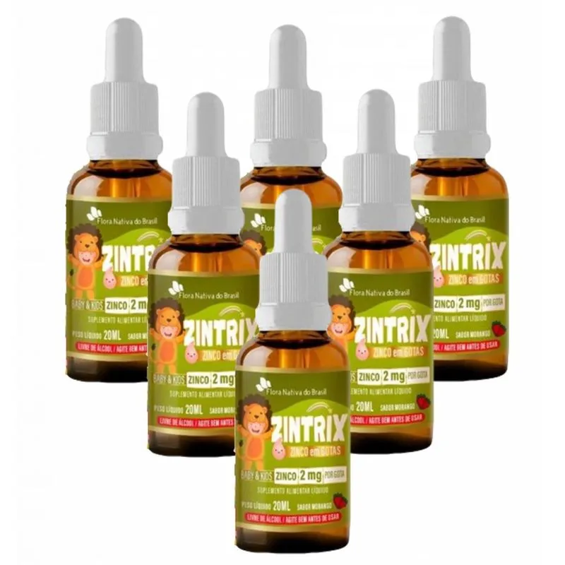 6x Zintrix Zinco Em Gotas Kids- 20ml- Flora Nativa- Morango