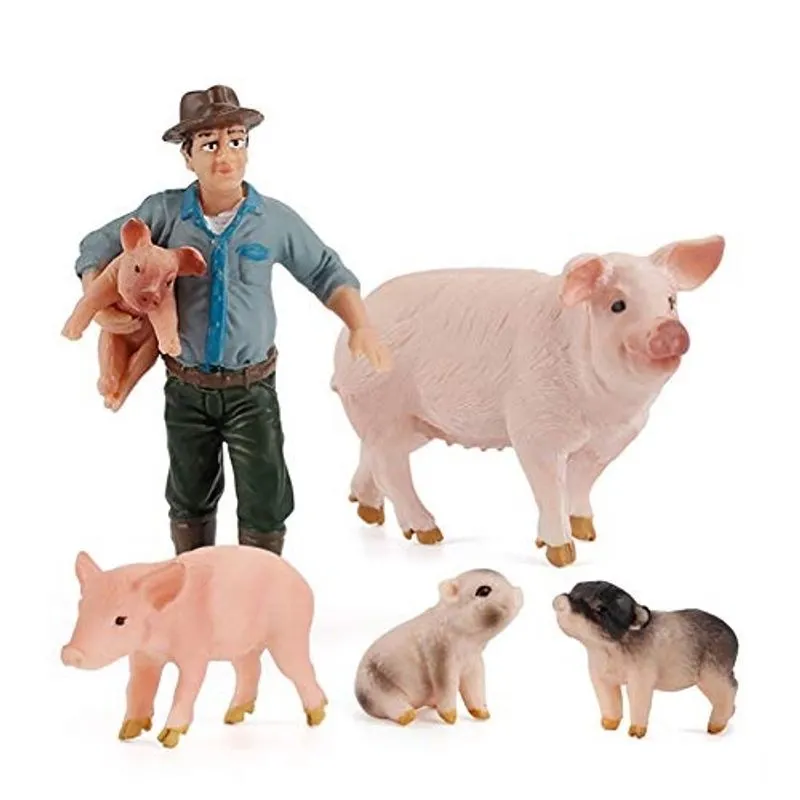 5 PCes Realista Fazenda Porco Animais Modelo Figura Toy Set, Celeiro Fazenda Pig Figurines Collection Playset com Guardiões da Fazenda, Ciência Pré-escolar Educacional Aprenda Adereços Cognitivos