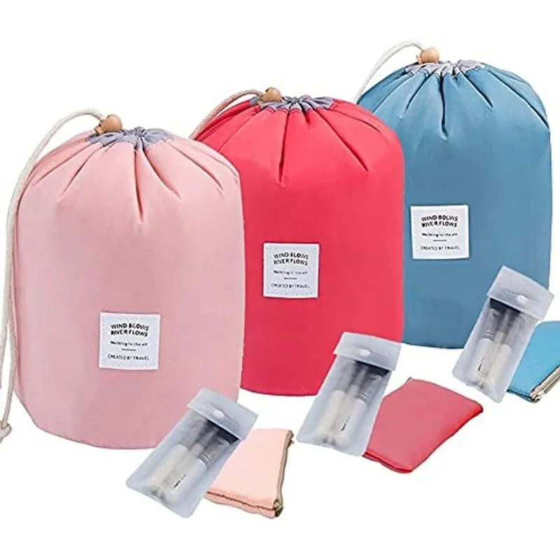 Bolsa de cosméticos invoda 3 peças em forma de barril Bolsas de maquiagem de viagem de grande capacidade, macia à prova d'água, portátil, com cordão, bolsa de cosméticos multifuncional (verde + vermel