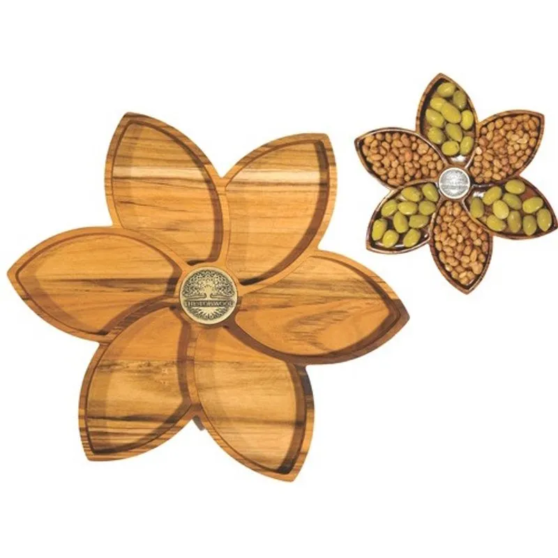 Petisqueira De Madeira Teca Maciça Flor 6 Divisões 30x30x2cm