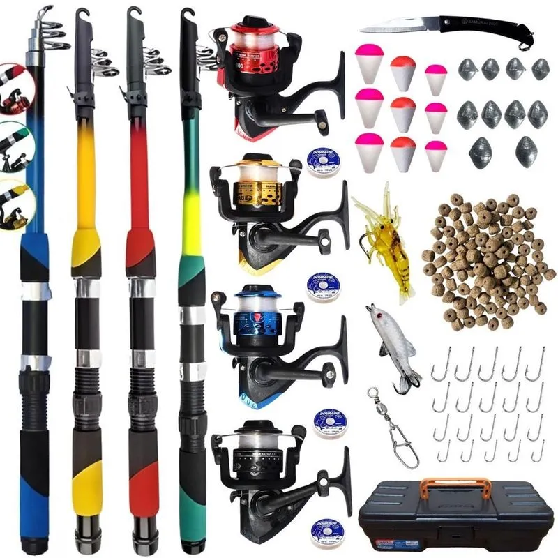 Kit Pesca Completo 4 Varas Telescópica + 4 Molinetes + Iscas