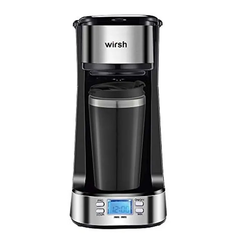 Wirsh Single Cup Coffee Maker- com caneca de viagem de aço inoxidável de 14oz e filtro reutilizável- Cafeteira pessoal com temporizador programável e display lcd, Compact Single Serve Coffee maker