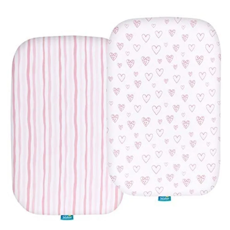 Folhas de bassinet compatíveis com MiClassic 2in1 Stationary&Rock Bassinet, (2 Pack), 100% Jersey Knit Cotton Fitted Sheets, Mild Pink Stripes e Hearts Print for Baby Girls