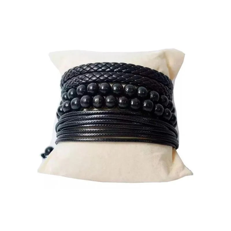 Pulseira Masc Fem Couro Madeira Corda Preta Kit 4 Peças