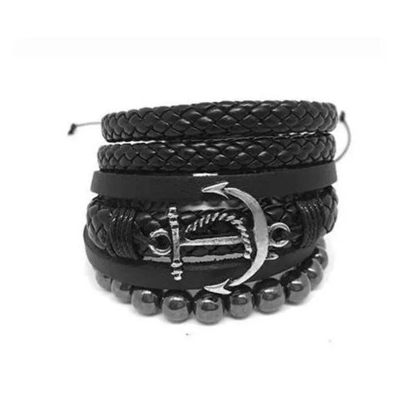 Pulseira Masculina Couro Ancora Pedra Hematita Kit 3 Combo