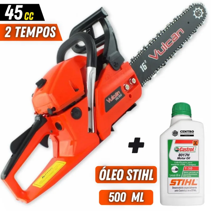 Motosserra Profissional Á Gasolina Vulcan Vsl450 2 Tempos 45cc 2,30hp Com Sabre De 16 Polegadas Ideal Para Construção Civil + Óleo 2t Castrol Stihl