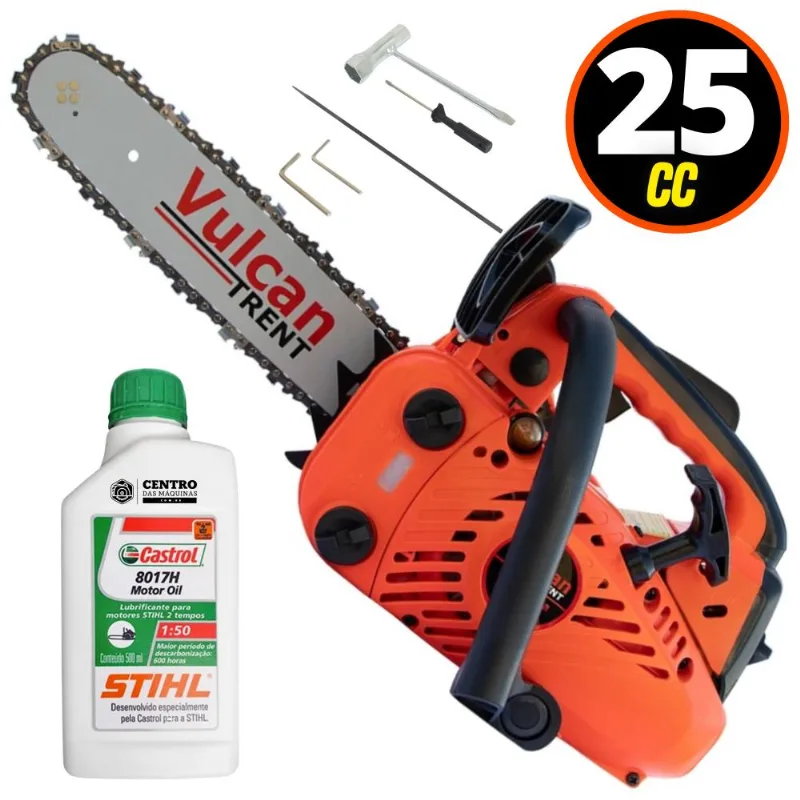 Motosserra Á Gasolina Vulcan Trent Vsl250 Motor 2 Tempos De 25,4cc Com Sabre De Ponta Rolante 12pol + Óleo Lubrificante 2 Tempos Castrol Sthil 500ml