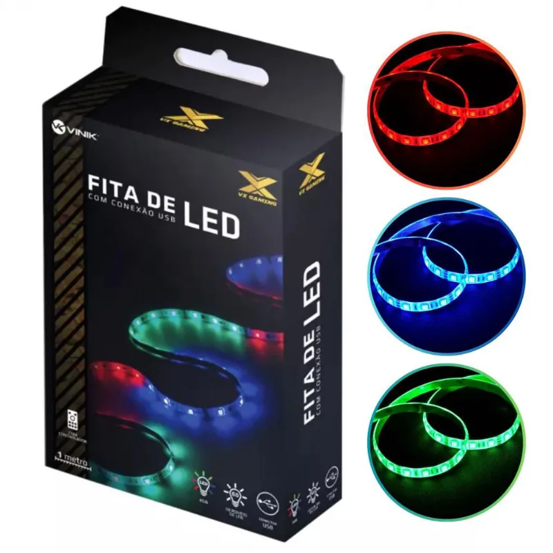 Fita de Led Vinik Luz Rgb Vx Gaming Com Controladora Rgb Conexão USB 1 Metro Com 60 Pontos Led