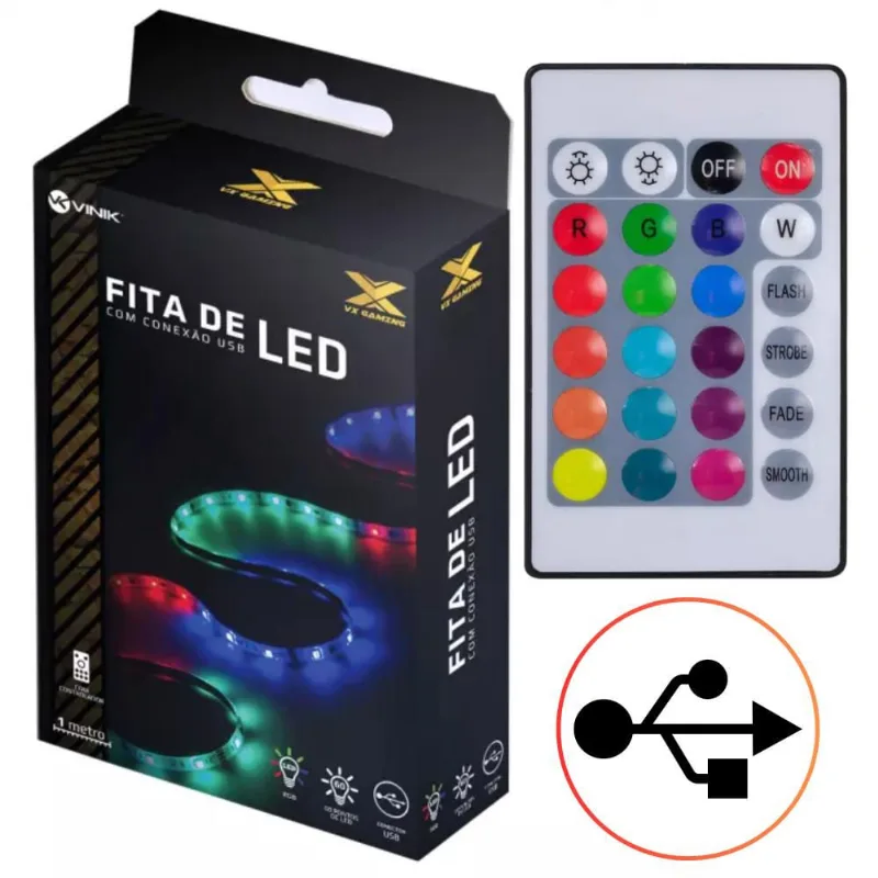 Fita de Led Rgb Vx Gaming Com Controladora Rgb 1 Metro Com 60 Pontos Led Conexão USB - Vinik