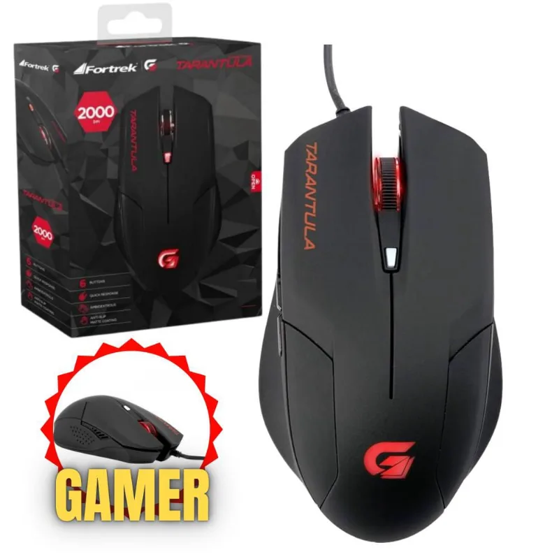 Mouse Gamer Led Vermelho Cor Preta Sensor Óptico de Alta Qualidade Até 2000dpi Fortrek Tarantula Frequência de 125Hz Design Ergonômico